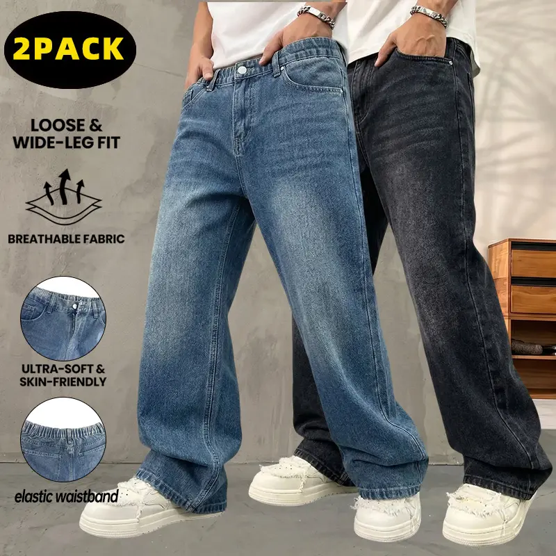 Men’s 2-Pack Plain American Street-Style Straight Distressed Retro Dad Jeans - Washed Wear-Resistant Twill Cotton Clothes - Bootcut Pants for Everyday Commuting Casual Wear