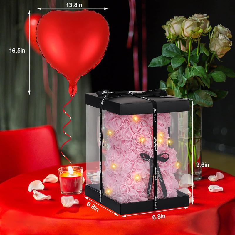 Rose Bear Christmas Flower Gifts for Her, Rose Teddy Bear with Lights, Cute Teddy Flower Bear, Birthday Gifts for Girl, Cute Romantic Gifts for Wife Girlfriend with Transparent Gift Box and Love Card