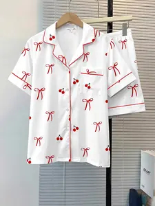 Women's Sleepwear Loungewear Pajama 2-Piece Set, Fitted, pink cherry bow Print, Comfortable Night Home Wear, Fashion Soft Fabric, Ideal for Casual Daily Use, Homewear