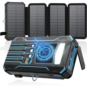 Solar Charger Power Bank - 48000mAh Wireless Portable Charger Built-in 4 Cables and 4 Solar Panels, PD QC 3.0 Fast USB C Battery Pack with Flashlight for Camping Travel (Blue)