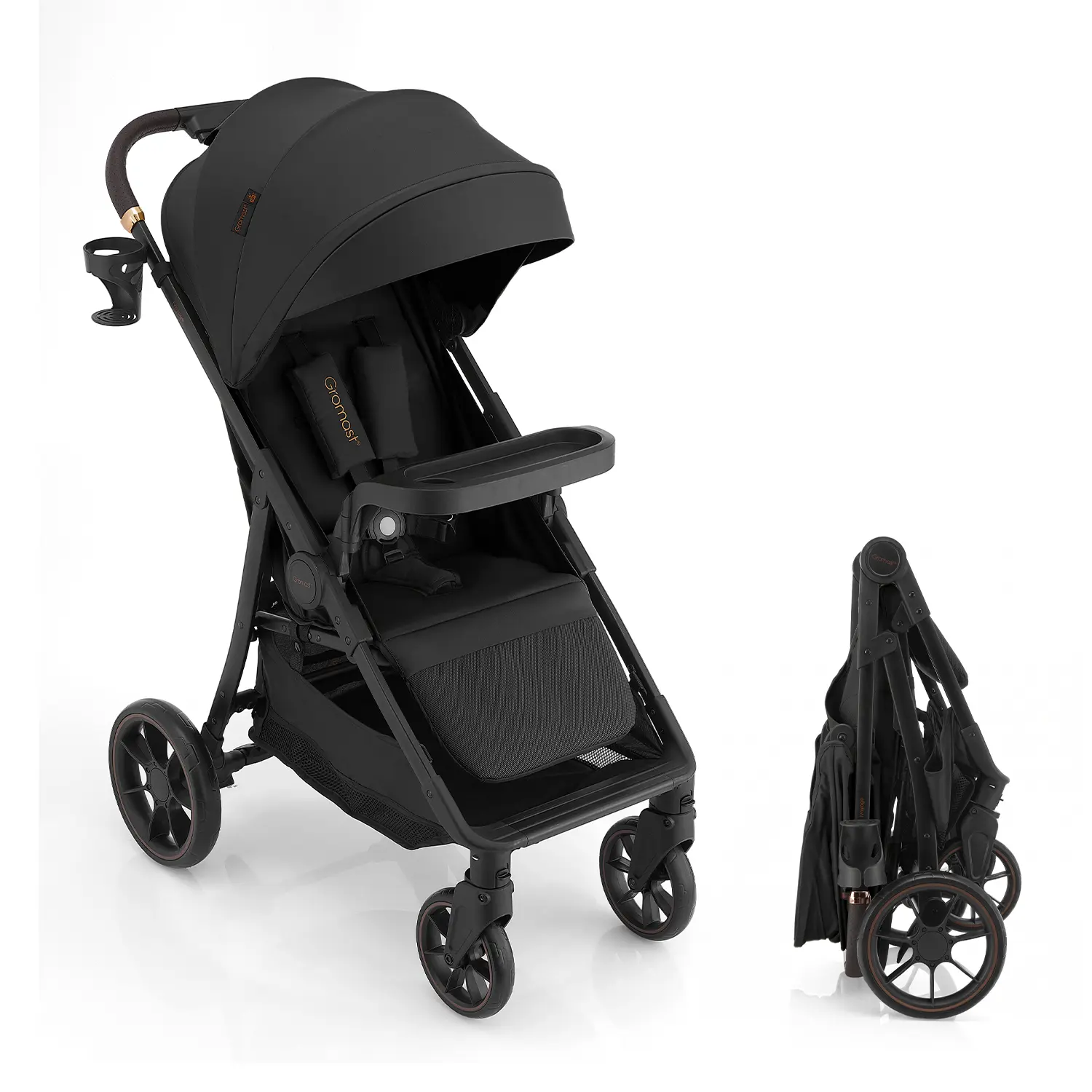 Gromast Baby Stroller with Detachable Snack Tray, Oversized Seat for Newborn to 4 Years, One-Hand Fold Travel Stroller w/Big Wheels, Adjustable Backrest, UPF 50+ Canopy & Cup Holder - Black