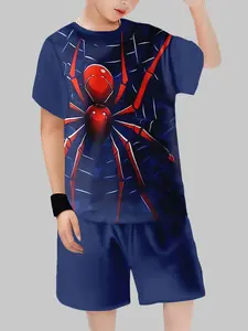 Boys' Spider-Man Blue Tracksuit Set, Web Texture Superhero Style, Party Vacation School Wear, All over Print Casual Summer