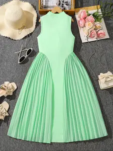 Toddler Girl's Solid Color Pleated Sweater Dress, Elegant Fashion Casual Sleeveless Tank Dress for Daily Outdoor Wear, Toddler Girls Dress for Spring Fall