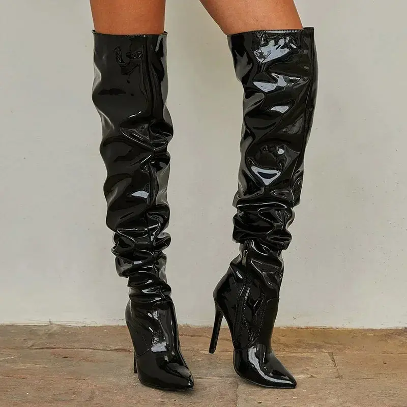 Women's Trendy Over-The-Knee Pointed Patent Faux Leather Heel Boots, Women's Footwear