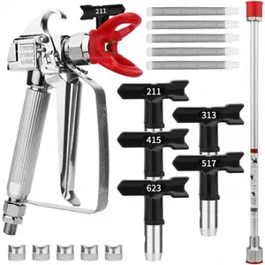 3600 PSI High Airless Paint Sprayer Gun with Nozzle Guard and with 5 Spray Nozzle Tips and 5 Airless Paint Sprayer Gun Filters and 16Inch(40CM) Spray Painted Extension Pole (211, 313, 415, 517, 623) Gunite Spiked Shoes for Floor Work