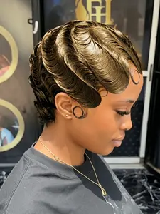13x4 Lace Finger Wave Human Hair Wig Short Pixie Cut Wigs Finger Ocean Wave Wig for Women