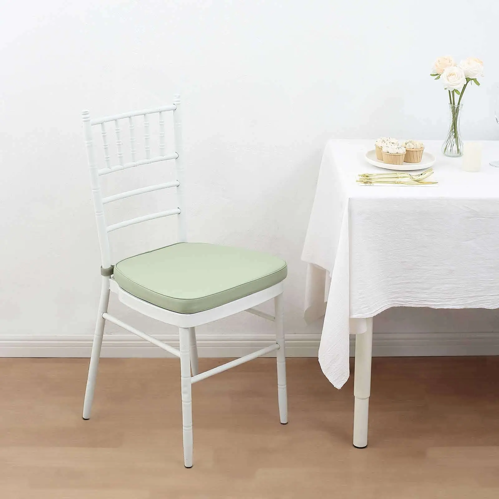 Chiavari Chair Cushion Covers, 1.5" Thick Memory Foam Seat Pad, Sage Green, Removable Zipper Cover, Attachment Straps, Machine Washable, No Bleach, No Ironing, Velcro Ties