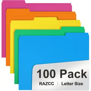 100 Pack 1/3 Cut Tab Colored File Folders, Letter Size File Folders for Office Classroom Use, Assorted 5 Colors Folders with Tabs