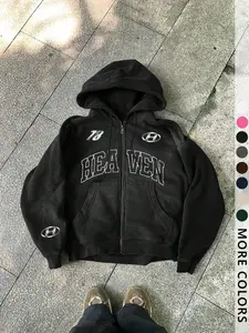 Unisex Street Style Fall & Winter Heaven Graphic Letter Print Fitted Hooded Sweatshirt, Long Sleeve Zipper Design, Casual Sportswear Gift