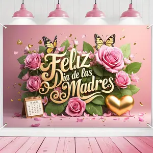 Summervibes 1pc Mother’s Day "Feliz Dia de las Madres" Backdrop - Golden 3D Text, Blooming Pink Roses, Golden Butterflies, 3-Size Premium Polyester Banner, No-Electricity Photo Booth Decor for Mother’s Day, Birthday Home & Festive Party Supplies,summervib