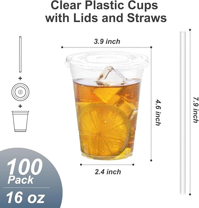 100 Pack 16oz Clear Plastic Cups with Lids & Straws – Disposable Iced Coffee & Smoothie Cups, Leak-Resistant Cold Drink Cups, Food-Safe Party & Takeaway Cups