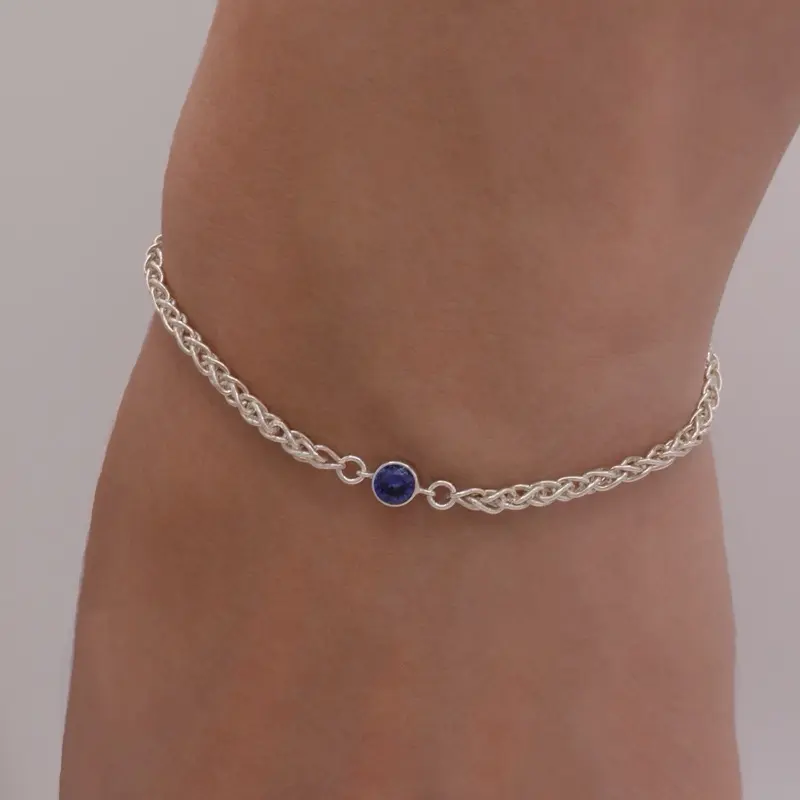 925 Sterling Silver Bracelet with navy blue cubic zirconia connector: Handcrafted Jewelry, Water-proof jewelry, tarnish resistant, gym proof