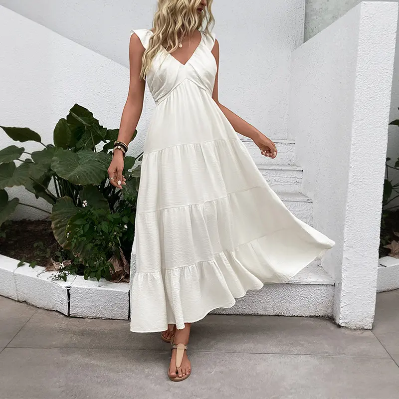 Women's Casual Solid Color Sleeveless V-Neck Ruffled Maxi Dress - Summer Hot-Selling New Cross-Border Style for Ladies, Elegant Comfortable Womenswear, Lady, Chic, Sundresses For Women, Sleeveless Cool, Elegance
