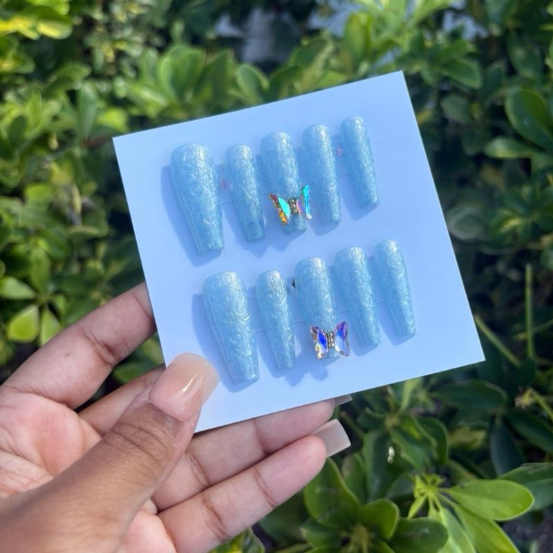 Blues N’ Butterflies Large Gel Press on Set Long Coffin Iridescent Blue Press on Nails Handmade Blue Butterfly Charm Nails