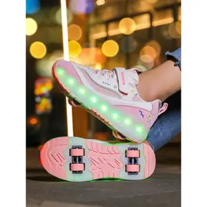 Girls' Four-Wheel Roller Skates, New Wheel Sports Shoes, Adjustable Velcro Skate Shoes, Breathable Mesh, LED Light-Up, USB Charging, Shoes with Wheels