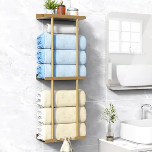 Towel Rack Bathroom, Mounted Vertical Rolled Towel Storage Organizer Holder with Shelf, Holds Up 6 Large Bath Sheets, Gold Large Size organizer rack