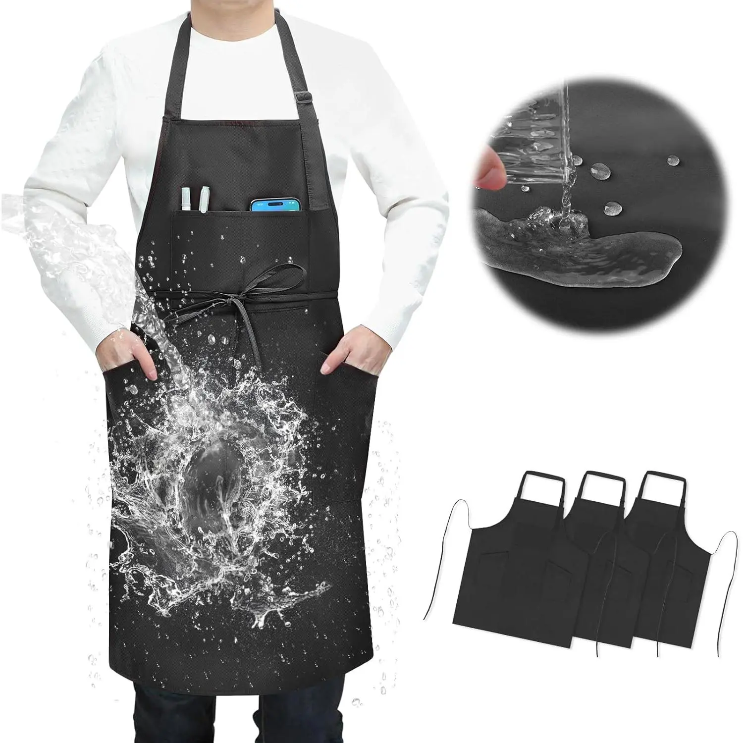 Unisex 3-Piece Kitchen Chef Aprons with 4 Pockets, Waterproof Oilproof Anti-Tear Adjustable Lightweight Comfortable Strap Bib Aprons - Washable for Cooking Dishwashing, Protect from Oil Fumes, Ideal Home Care Gift (Black)