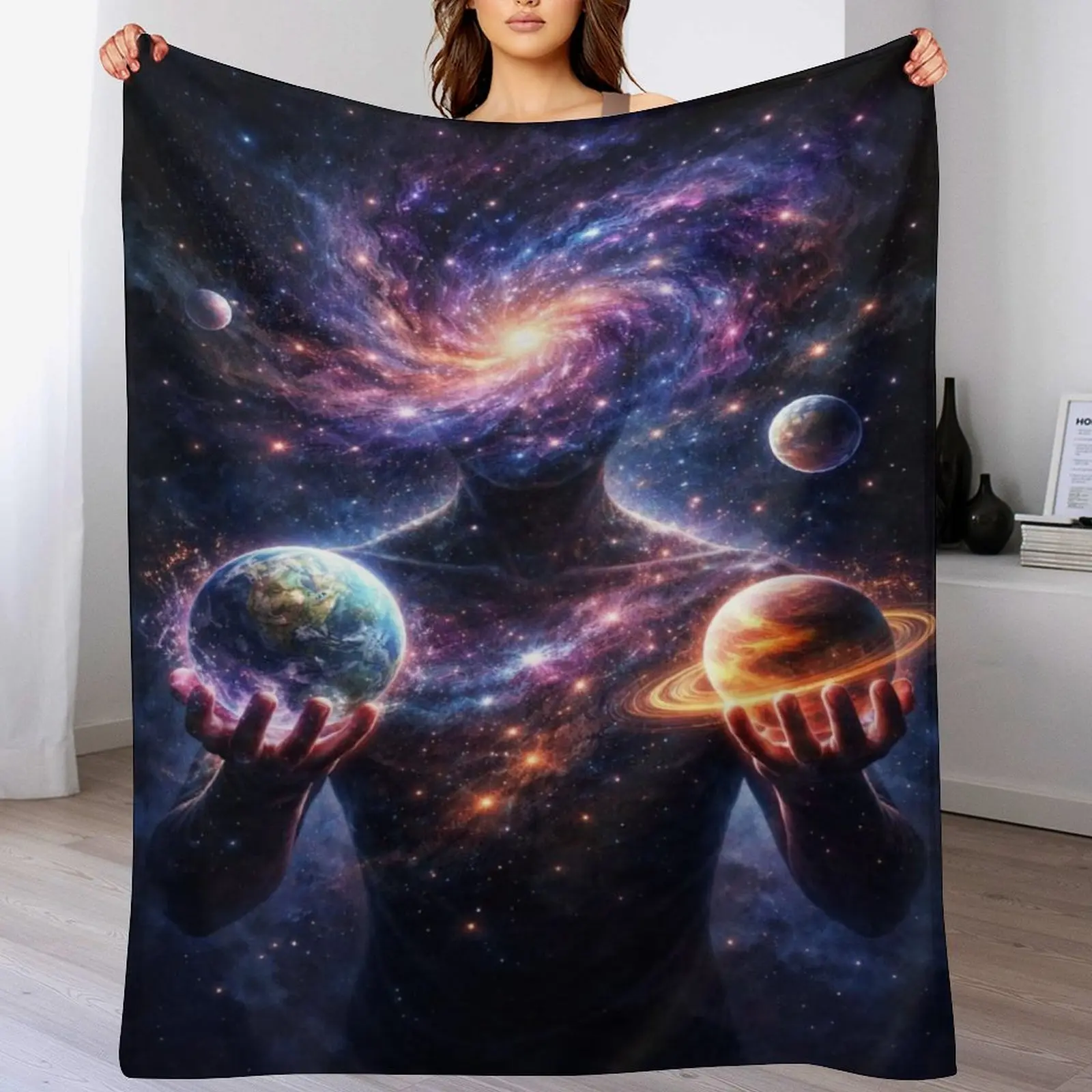 Cosmic Galaxy Humanoid Fleece Blanket, Universe Galaxy Holding Planets Throw Blanket, Space Astral Flannel Blanket for Bed Couch, Trippy Spiritual Gift for Space Lovers, Unique Nebula Room Decor