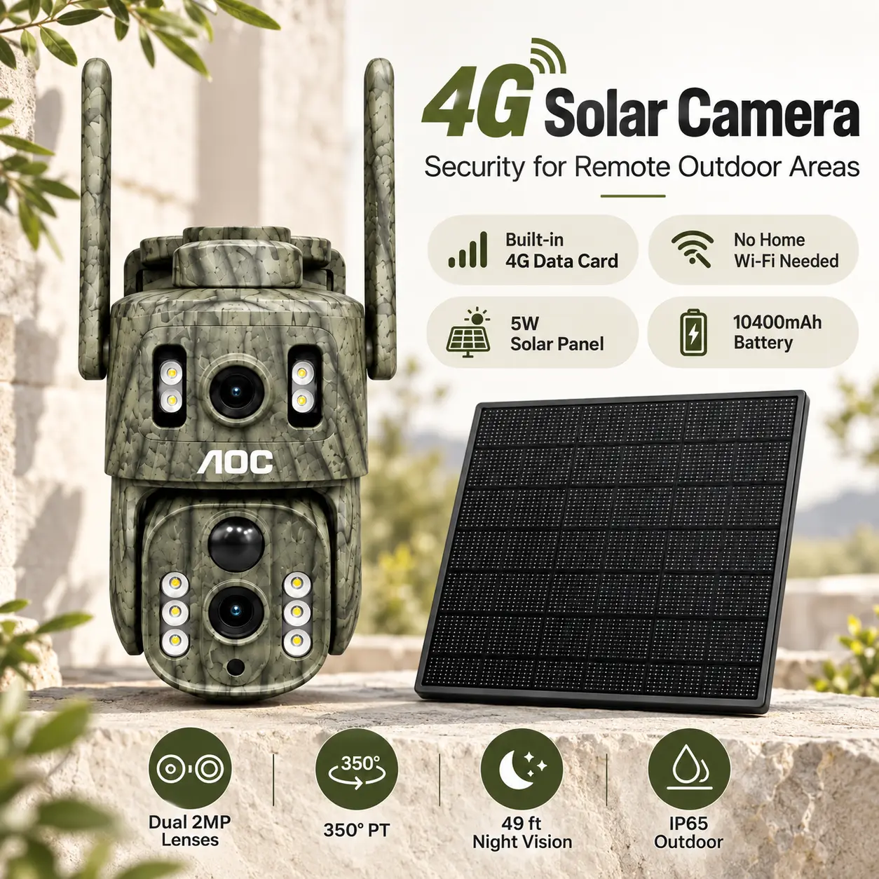 AOC 4G LTE Solar Security Camera Outdoor for Farm, Ranch, Gate & Remote Property, Built-in 4G Data Card, 7-Day Free Trial, Paid Data Plan Required, Dual 2MP Lenses, 350° PT, 4X Zoom, AI Detection, 49FT Night Vision, IP65, No WiFi Needed