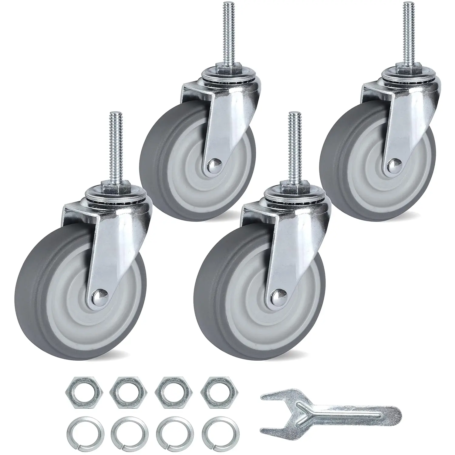 3'' Diameter Heavy Duty Threaded Stem Swivel Rubber-Steel Industrial Caster Wheels (Set of 4), 5/16"-18x1-1/2 Stem, 180Lbs Each, 720Lbs Total/360Lbs Dynamic Load, Swivel Base, for Wire Shelving/Furniture, Gray Threaded Castors, Save Labor & Time