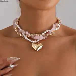 Baroque Pearl Heart Layered Necklace Women Natural Stone Pink Elegant Choker Jewelry