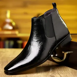 Men's Black Patent Leather Chelsea Boots - Pointed Toe Slip-On Dress Shoes Formal