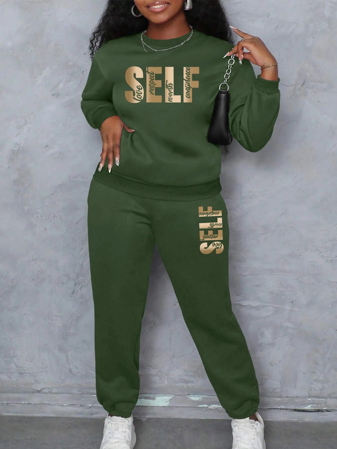 SELF Letter print Women's Casual Loose Fit Sportswear Set, Fashion Round Neck Long Sleeve Pullover & Slimming Pants, Comfortable Daily Wear