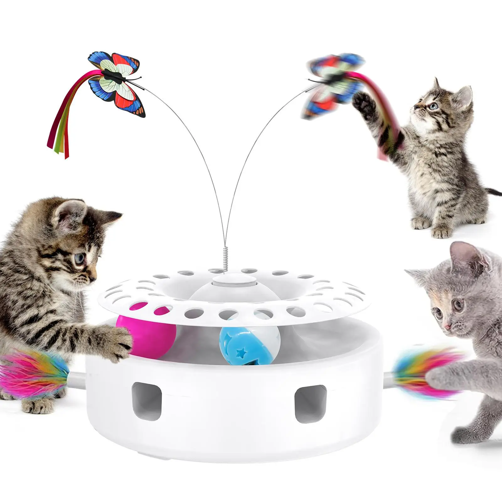 4-in-1 Toys with Catnip Balls, Feather, Butterfly, Auto Interactive Kitten Toy , Dual Power, Indoor Fun for All Breeds.