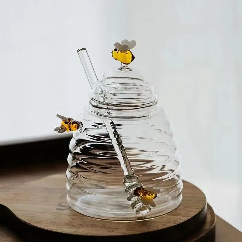 Summer Gift Creative Bee Decor Glass Honey Storage Jar, Kitchen Accessories Clear Glass Jam Storage Jar with Lid & Dipper, Kitchen Bottles Supplies