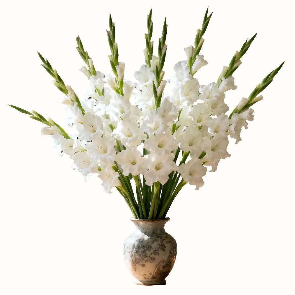8pcs Artificial Gladiolus Orchid Flower Bouquet |   White Blooms & Green Foliage, Maintenance-Free Lifelike Stems for Weddings