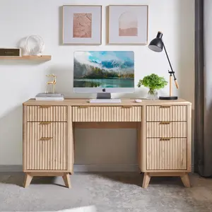 OKD 60" Fluted Design Executive Desk with Charging Station, Keyboard Tray, File Drawers & Storage Cabinet, Modern Computer Desk for Home Office, Study, Living Room, Bedroom