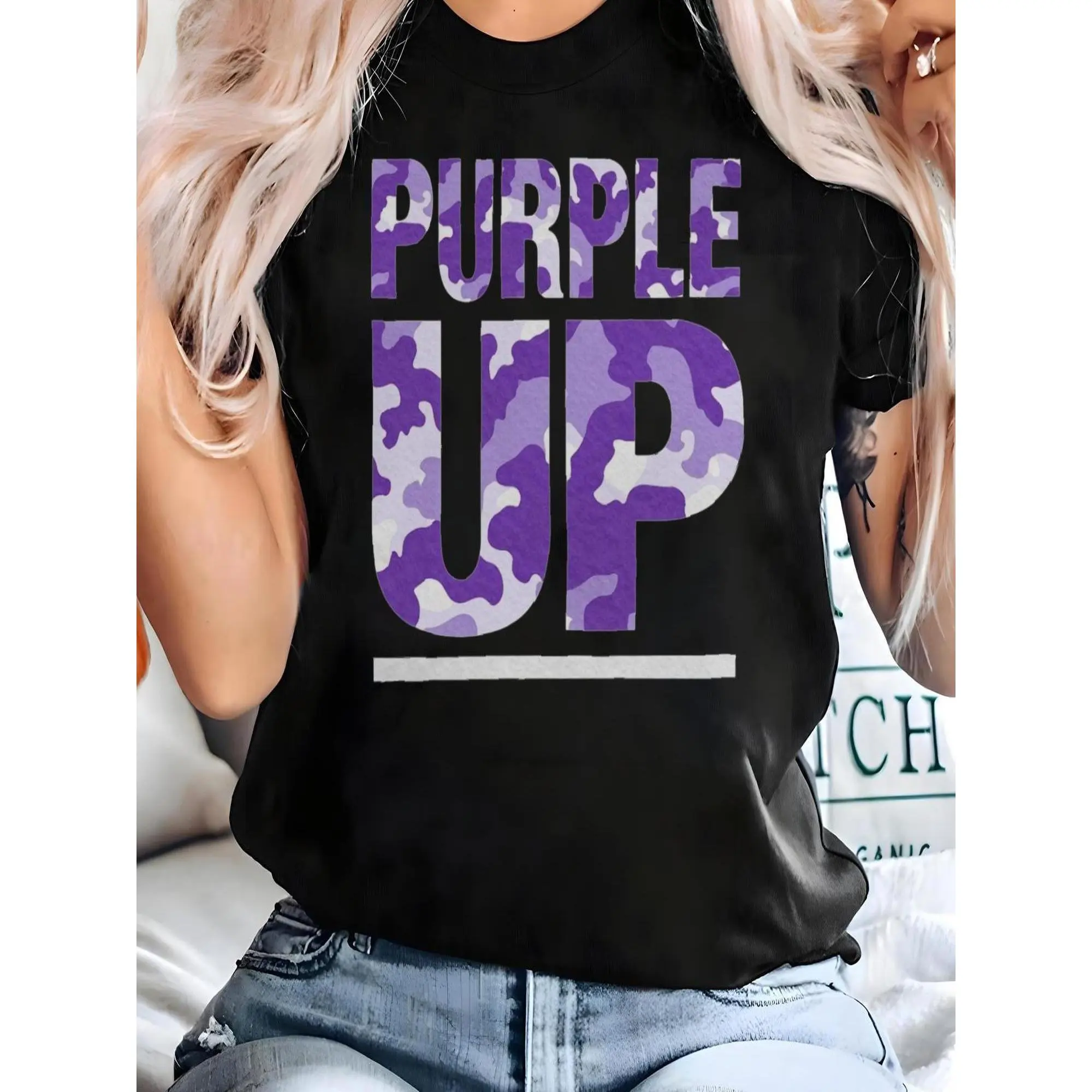 Women's Lady Purple Camo 'Purple Up' Short Sleeve T-Shirt - 100% Fabric, Round Neck, Casual, Soft Breathable, Relaxed Fit Everyday Top