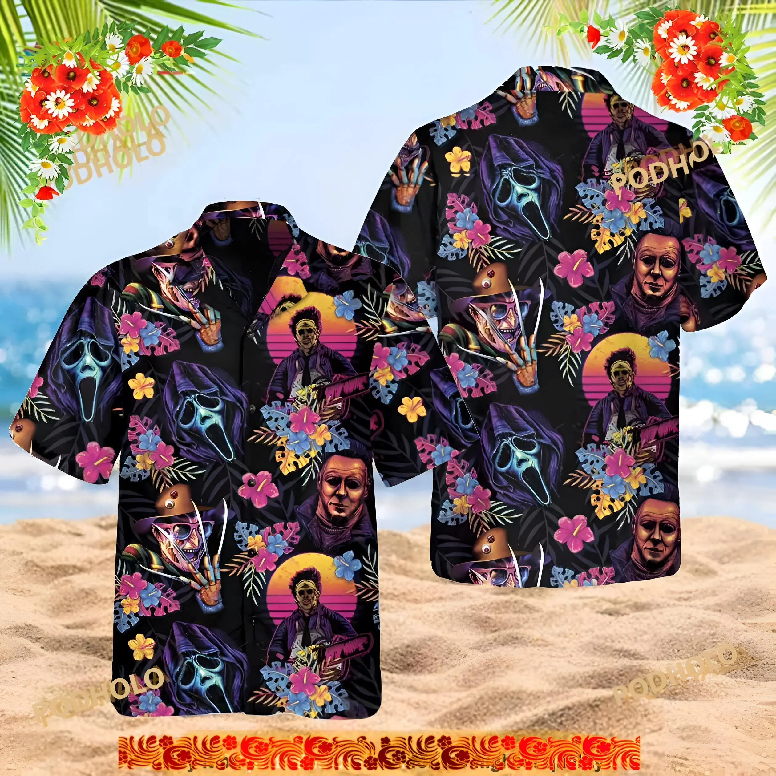 Black Friday Horror Hawaiian Shirt, Halloween Hawaiian Shirt Men Women Ghostface Michael Myers Leatherface Freddy Neon Retro Tropical Floral Aloha Beach Casual Loose Cool Summer Fall Streetwear Fan Gift