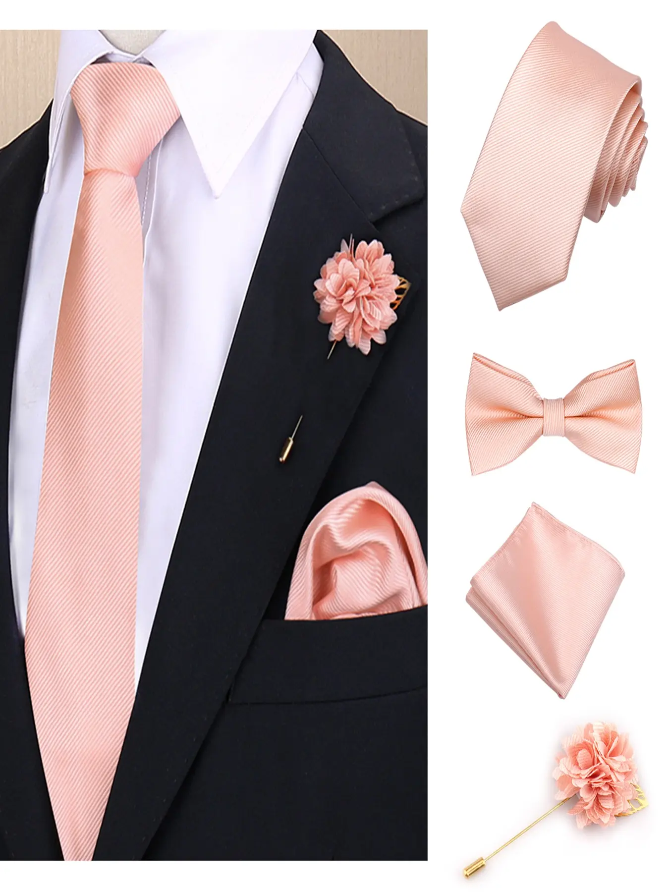 Men's Elegant Casual Tie Set, 4-Piece Woven Fabric Necktie Bowtie Bow Ties Scarf Brooch Collection, Accessories, Perfect for Daily & Business Wear
