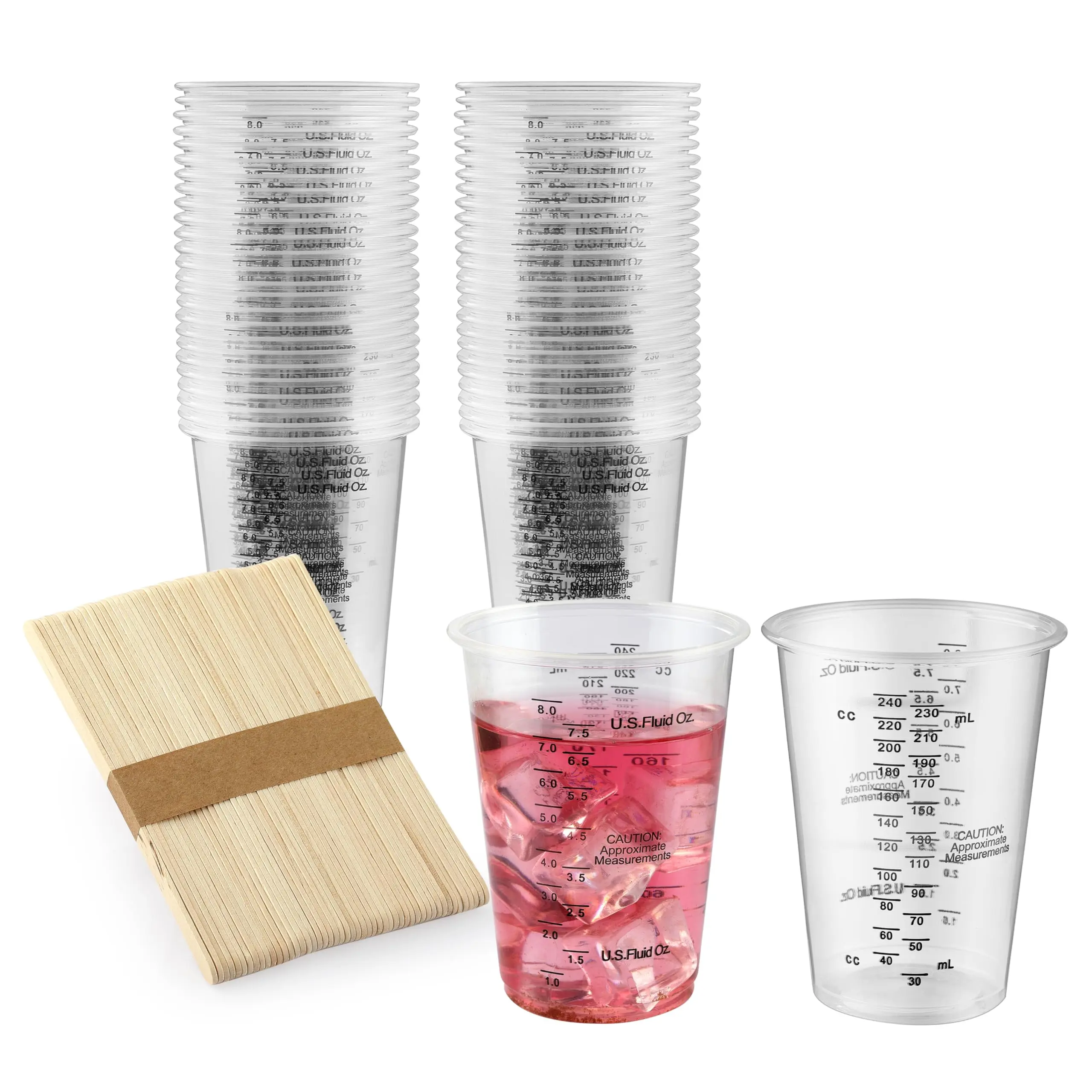 100 Pieces Resin Epoxy Mixing Cups, 8oz Clear Plastic Paint Measuring Cups with 100 Wooden Stirring Sticks for Epoxy Resins, Mixing Paint, Pigments, Resins