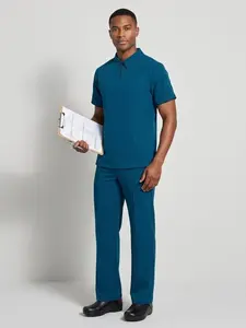 Collared Short Sleeve Scrub Top Straight Pants Set Loose Stretch Men Workwear For Hospital Clinic Pet Shop
