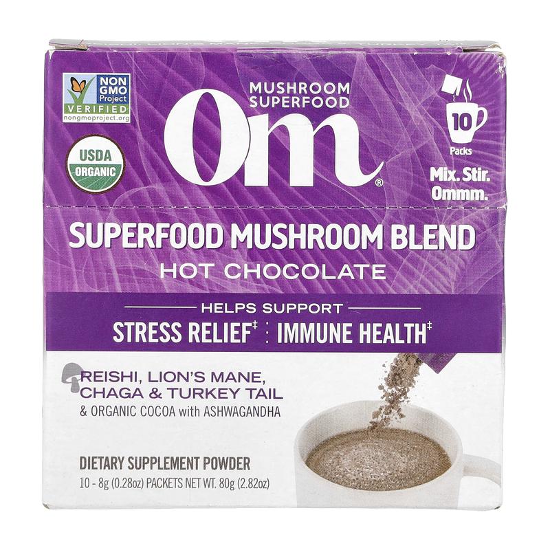 Om Mushrooms Superfood Mushroom Blend, Hot Chocolate , 10 Packets, 0.28 oz (8 g) Each