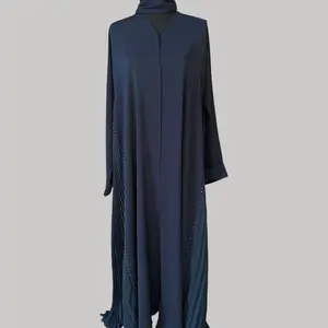 Elegant Navy Pleated Abaya with Crystal Embellishments - Loose Fit Floor Length for Weddings Eid Formal Events