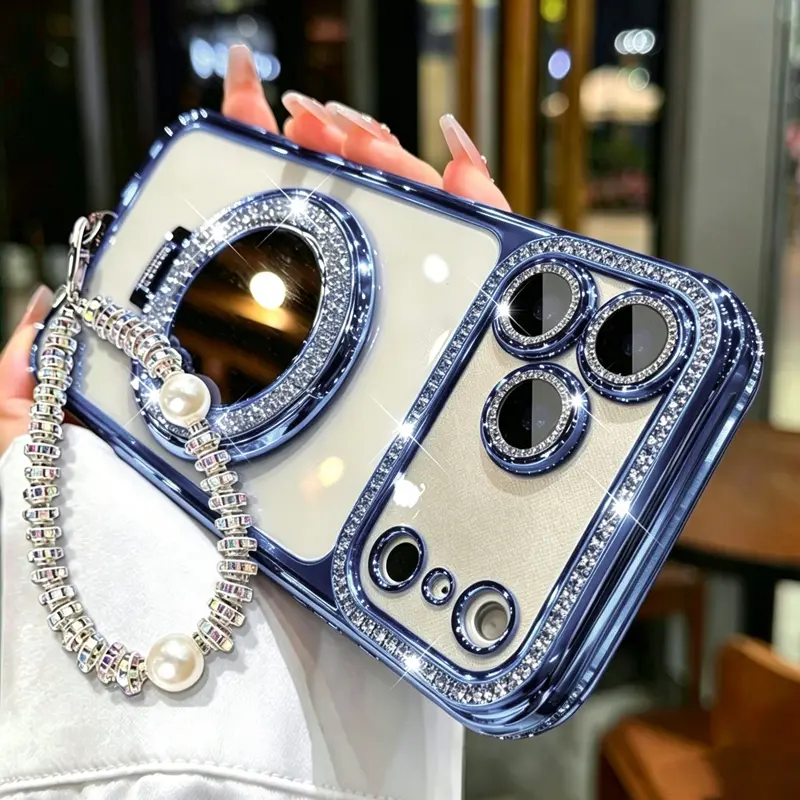 Chic Phone Case with Matching Wrist Bracelet & Built-in Mirror Stand for iPhone 12/13/14/15/16/17 Pro Max,17Air,14/15/16 Plus – Glossy Frame & Lens Ring Detail, Cute Protective Phone Shell with Hand Strap