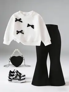 Baby Girl Bow Round Neck Long Sleeve Knit Sweatshirt + Bell Bottom Pants Set, Casual Cute Street Style Fashion