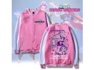 Kpop Demon Hunters Varsity Jacket, Anime Harajuku Bomber Streetwear, Purple Kpop Outerwear Style, Trendy Fan Gift