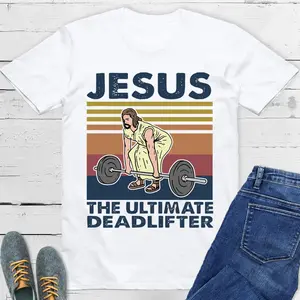 Men's T-Shirt Jesus The Ultimate Deadlifter Retro Art Tee Christian Spiritual Inspired Gym Comfortable Cotton Short Sleeve Top for Men Vintage Washed Humorous Top Holiday Gift Christmas Gift