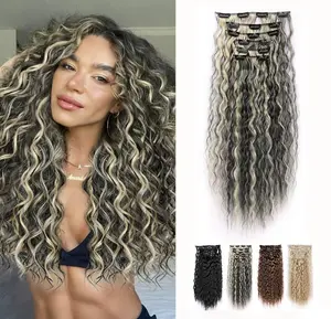 Curly Clip-In Hair Extensions 22 Inch, Blonde Highlight Deep Wave Hair, Easy Wear Glueless Clip-Ins, Natural Full Volume Soft Glam Hair