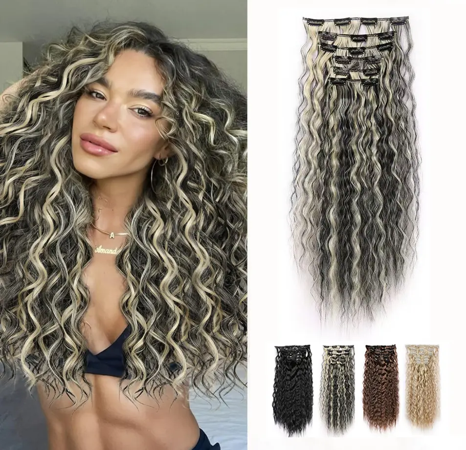 Corn Wave Clip In Hair Extensions 22 Inch, Platinum Blonde Highlight Synthetic Hair Extensions, Glueless Full Head Hair for Women coverage Deep Wavy Curly
