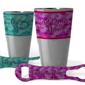 Stainless Steel Printed Cocktail Shaker and V-Rod® Bar Set with Tin, Utensils, Bottle Opener - Mermaid Design, Multiple Color Options