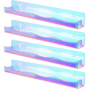 4 Pack 15" Iridescent Acrylic Floating Shelves, Wall Mounted Clear Acrylic Display Shelf Invisible Set up for Funko Pop Display Shelves Wall Organizer for Bathroom Bedroom Bookshelf