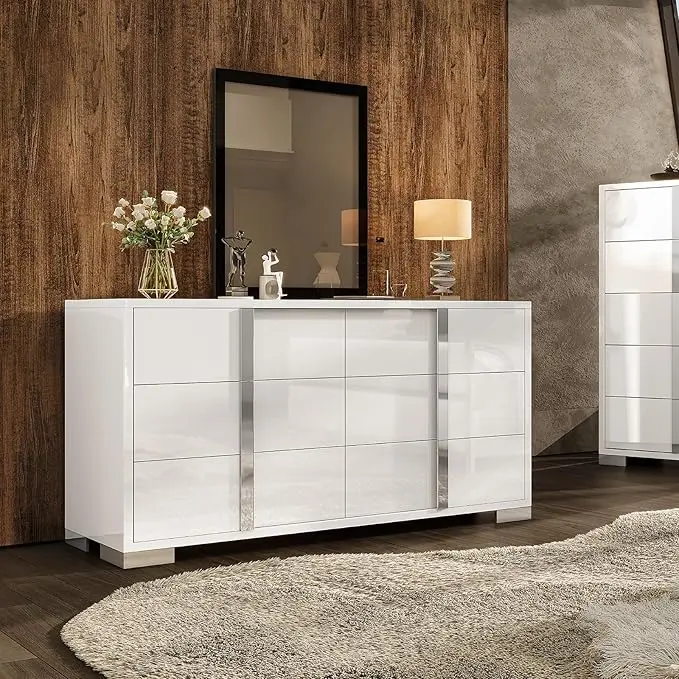 AMERLIFE 54" W High Gloss 6 Drawers Dressers with Silver Grooved Handles, Modern Storage Chest of Drawers with Wide Tabletop,for Bedroom/Dressing Room[tiktokshopbacktoschool][SohoChic]
