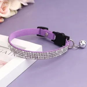Soft Pink Suede Leather Cat Collar - Cute Bling Rhinestone Design, with Bell & Safety Breakaway Buckle, Adjustable Fit XS/S Sizes, Soft Suede Material
