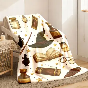 2026 New Products: A Single Piece of a Lightweight Flannel Throw Blanket Featuring a Vintage Fantasy Design with Elements Like Wands, Owls, And Potion Bottles, Perfect for Use on a Sofa, in The Office, While Traveling, Camping