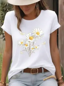 2026 Women's Round Neck Casual T-Shirt, White Daisy And Butterfly Print T-Shirt, Fresh And Natural Style, Countryside Floral And Insect Design, Round Neck Top, Breathable, Lightweight And Comfortable, Perfect For Spring And Summer, White Tops